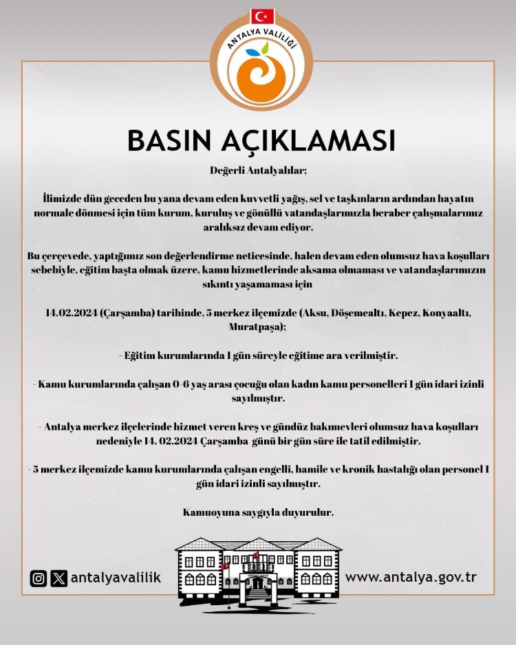 Antalya'da 5 ilçede okullar tatil edildi