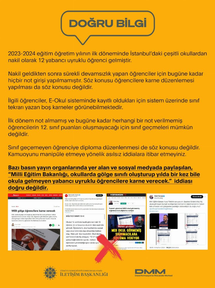 Okula gitmeyen yabancı uyruklu öğrencilere karne verileceği iddialarına açıklama