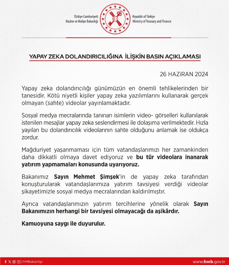 Bakanlıktan 'yapay zekâ dolandırıcılığı' uyarısı