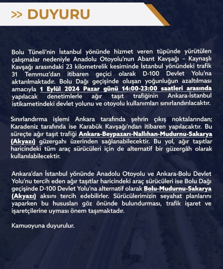 Bolu'dan İstanbul'a gidecekler 1 Eylül'e dikkat!